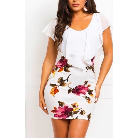 Various Dresses & Skirts - White Floral Couture Ruffle Bodycon Dress Sz S